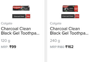 screenshot of 120g and 240g toothpaste pack with the price