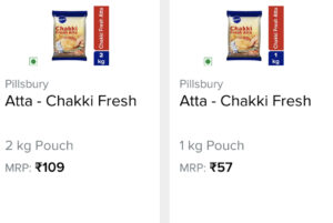 screenshot of 1kg and 2kg wheat flour pack with the price