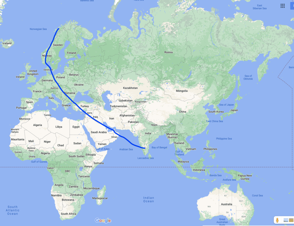 Bangalore to Tromso map